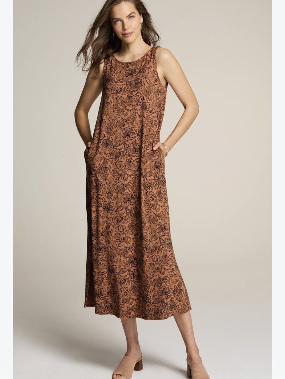 J.Jill Wearever Floral Sleeveless Midi Dress Terracotta Quiet Luxury Autumn 2X